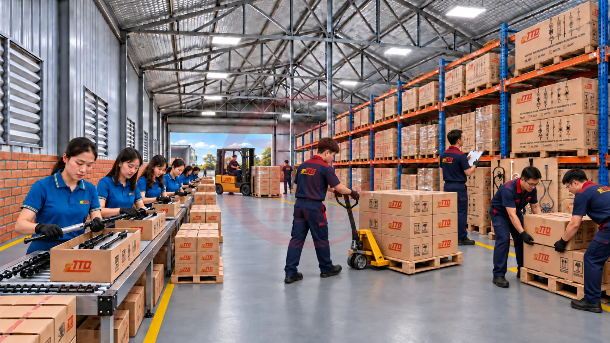 Warehouse packing activity with decorative components and stacked cartons