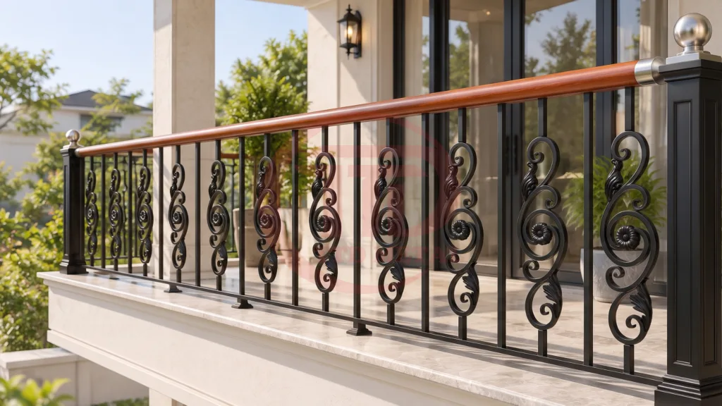 Decorative black railing along an outdoor balcony