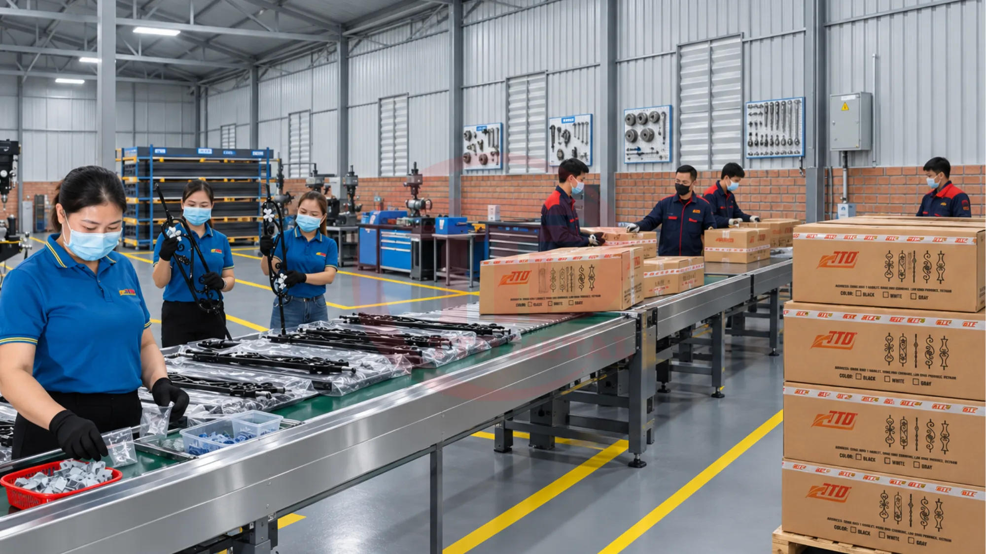 Packing line with wrapped decorative railing components and cartons