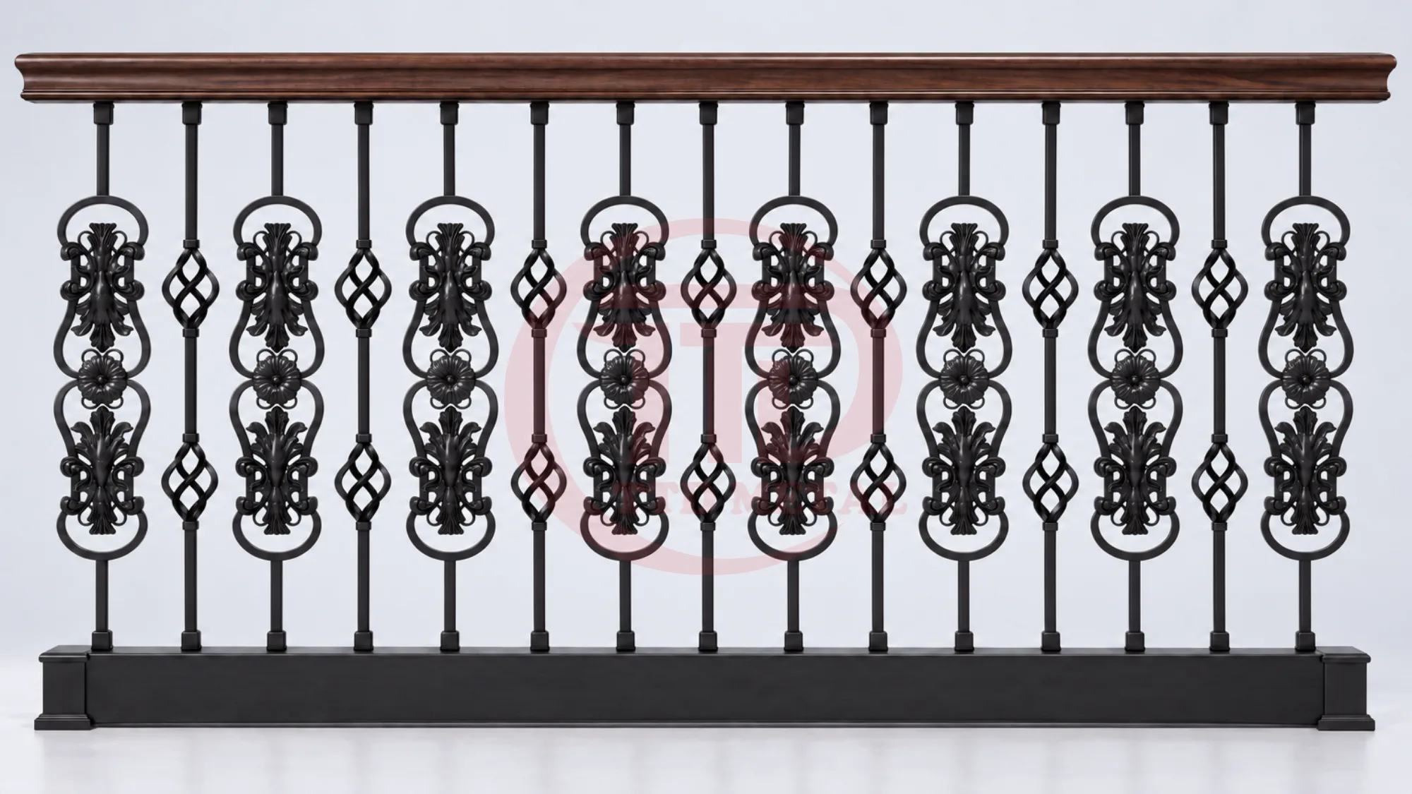 Railing panel design example with repeated decorative balusters and wood-tone handrail