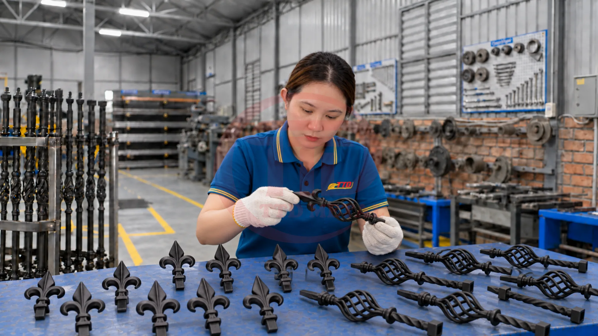 Worker examining a small decorative component at a workshop bench