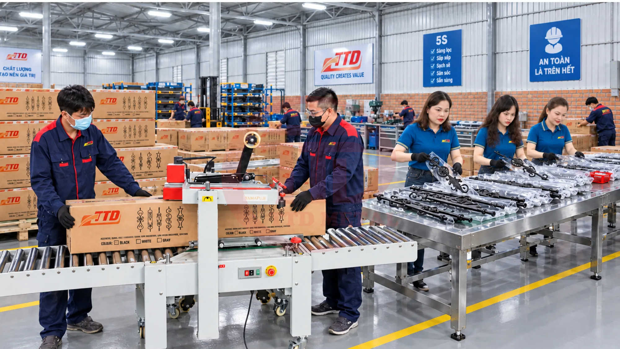 Workers preparing wrapped railing components and cartons in a packing area