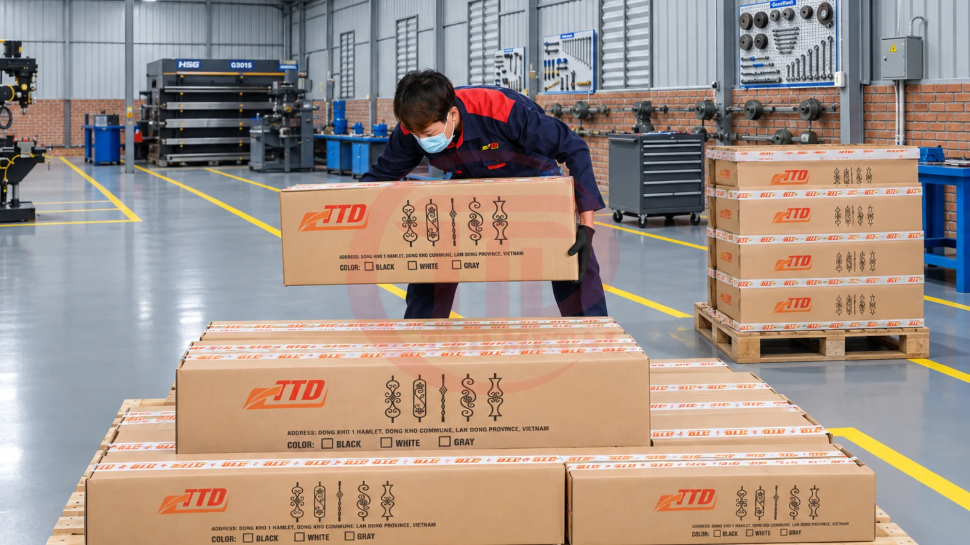 Worker handling packed railing cartons in a workshop