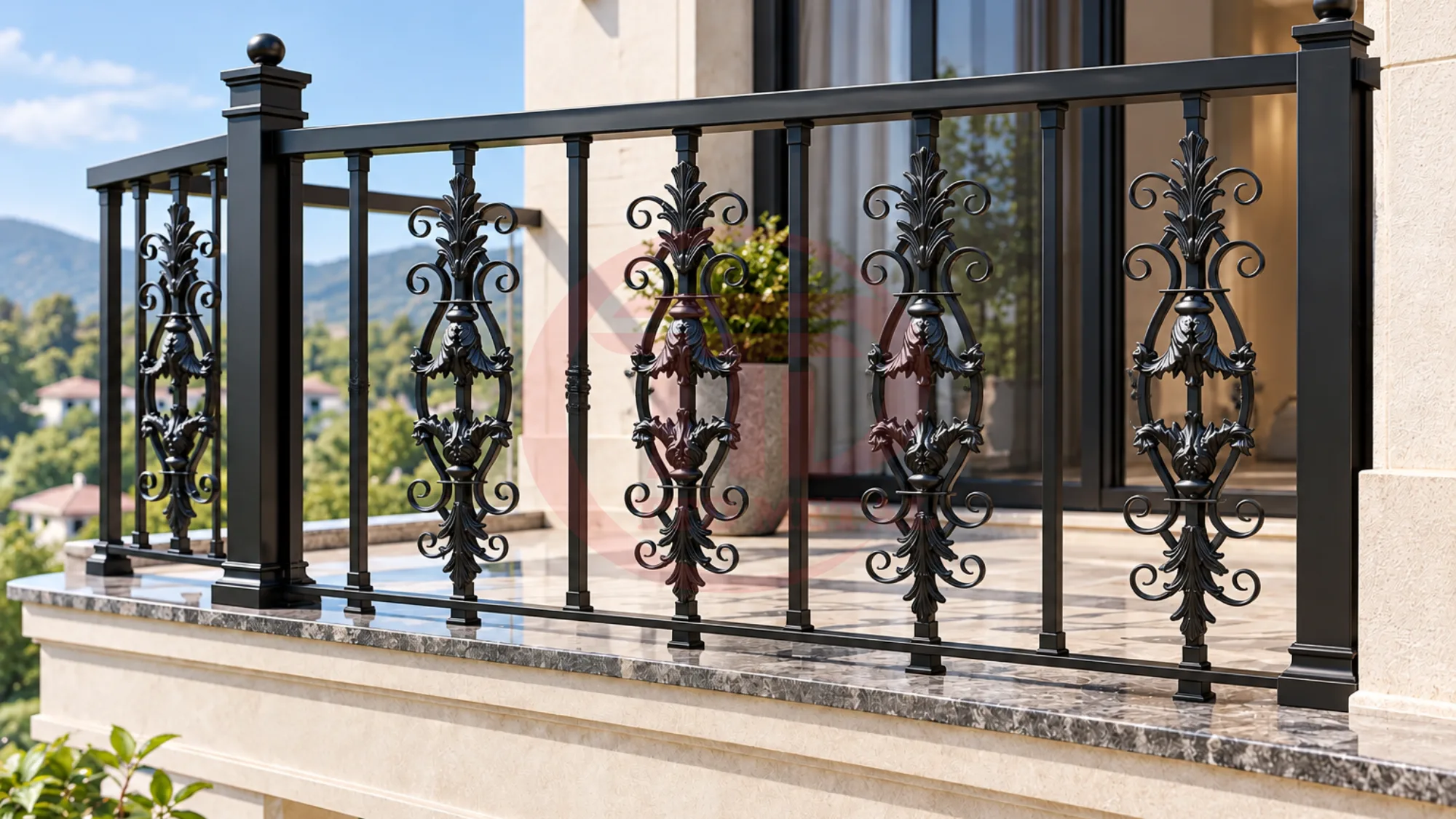 Outdoor railing design example with decorative balusters between supporting posts