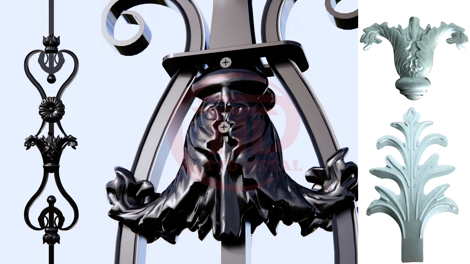 Decorative railing component collage with close-up ornamental details