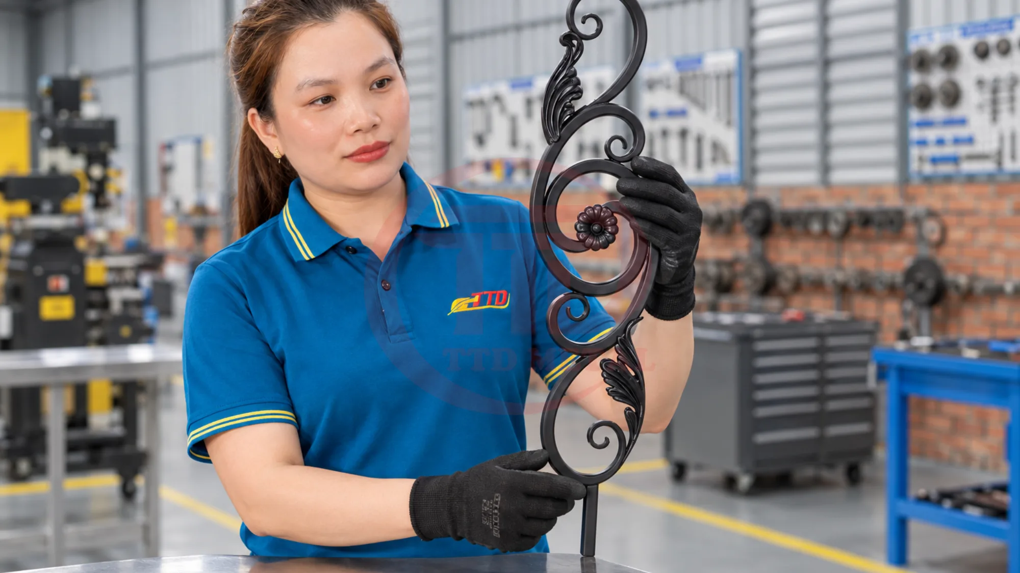 Worker holding a curved decorative railing component in a workshop