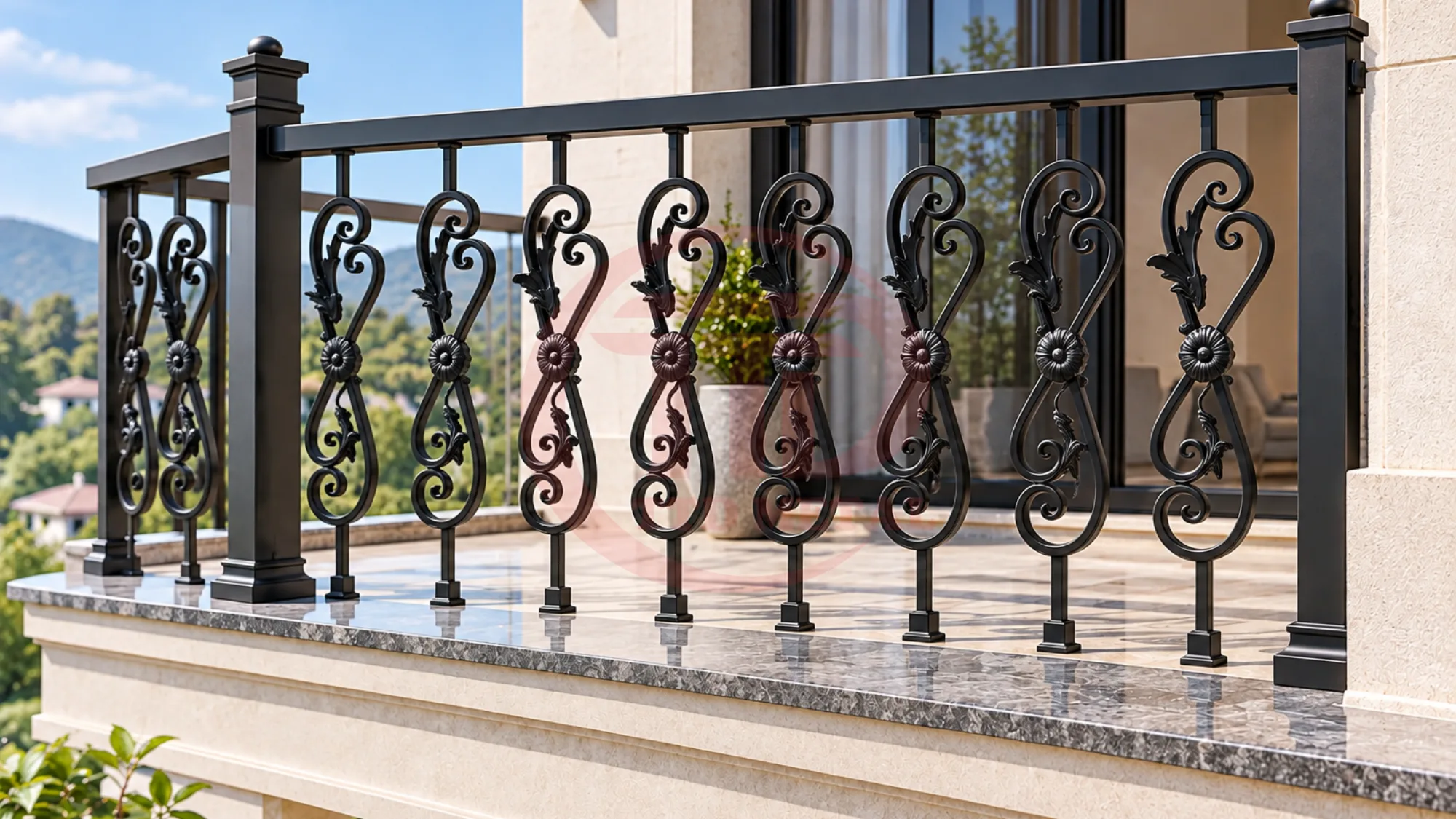 Outdoor balcony railing with repeating curved decorative balusters