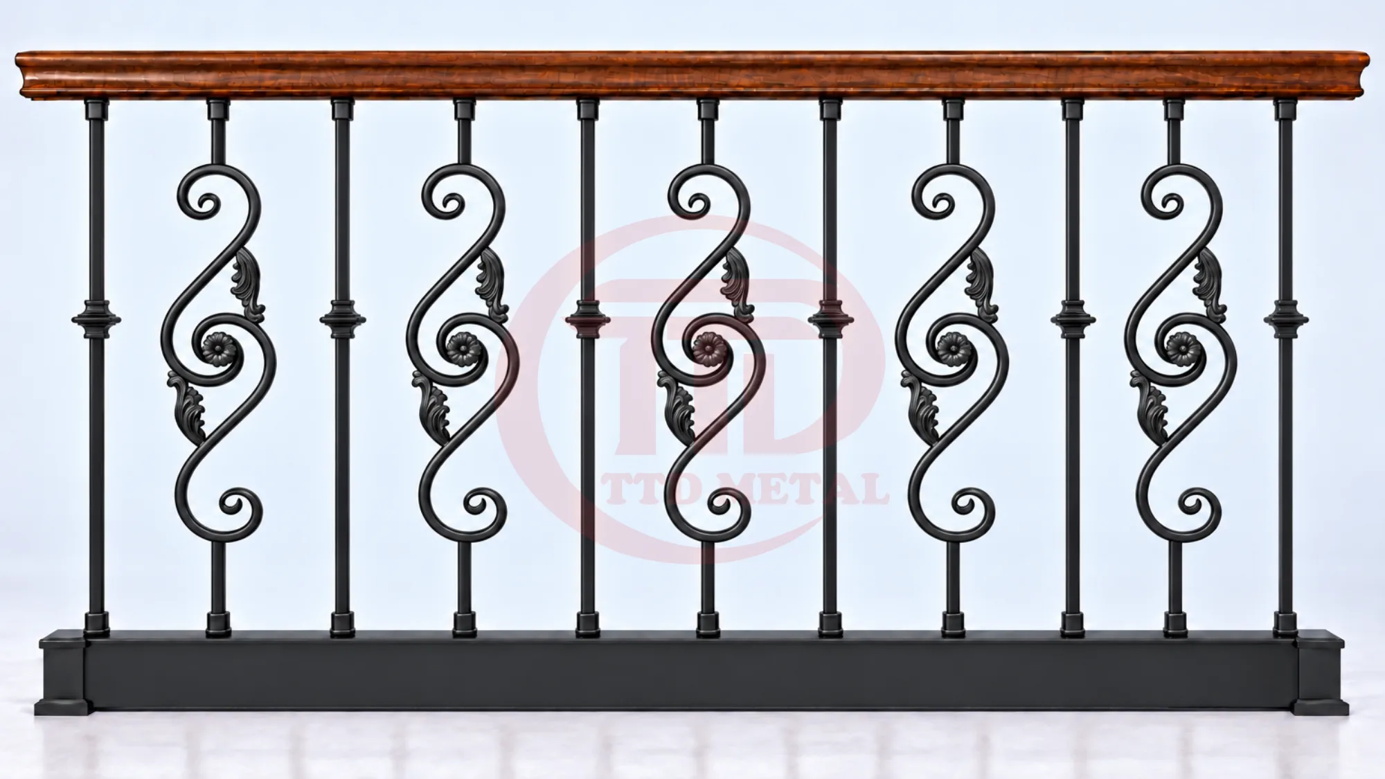 Straight railing display with curved balusters and a wood-tone handrail