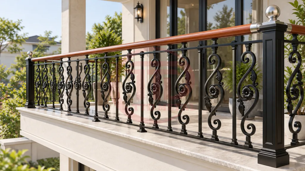Decorative black balcony railing with a wood-tone handrail