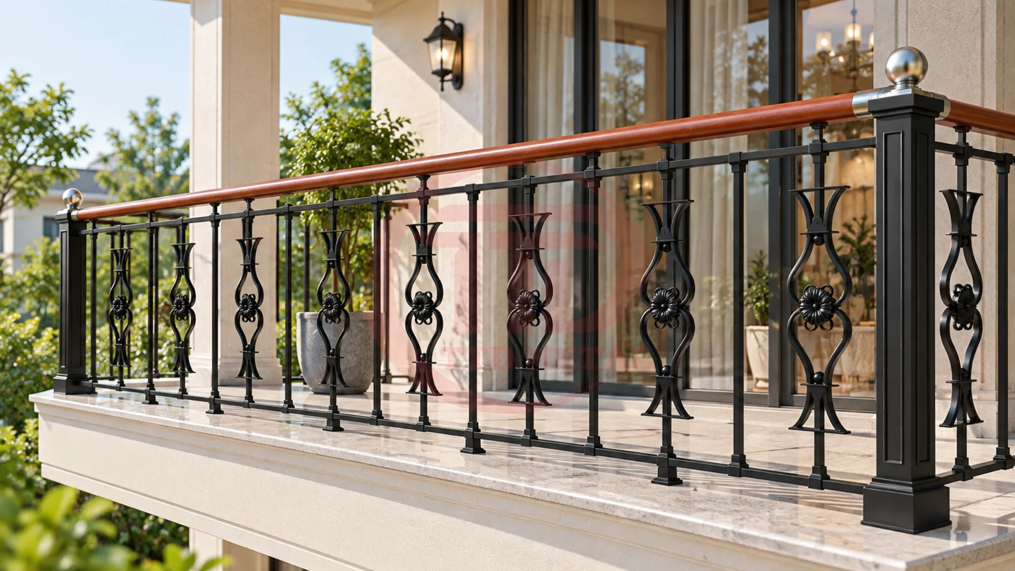 Wrought iron balcony railing design example with decorative balusters