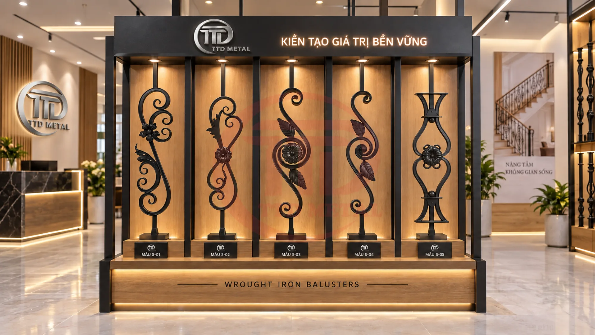Showroom display of ornamental railing components for banister design comparison