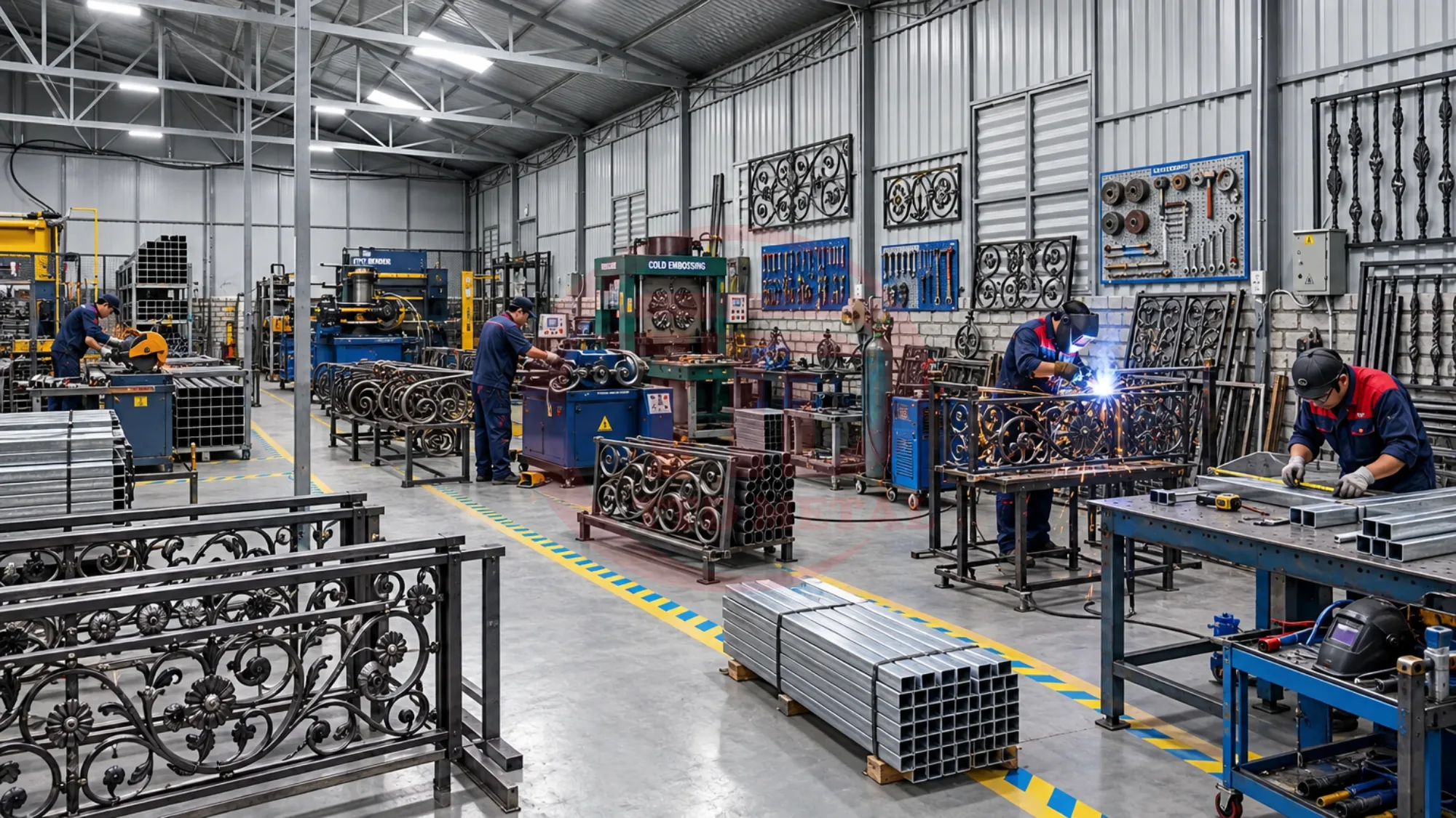 Workshop view with ornamental railing sections and metal components