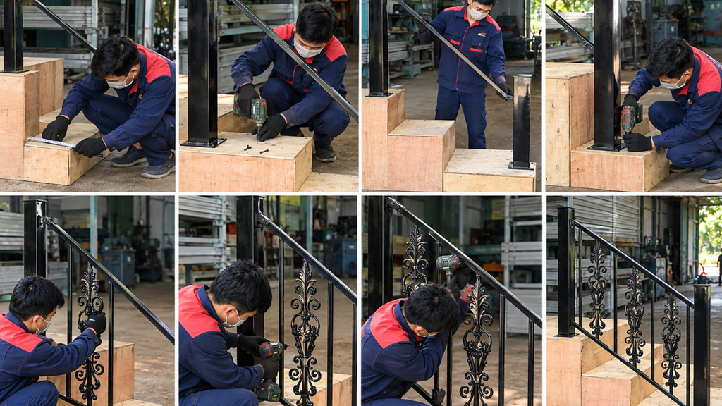 Installation photo sequence showing post positioning, drilling, fitting decorative balusters and a completed stair railing
