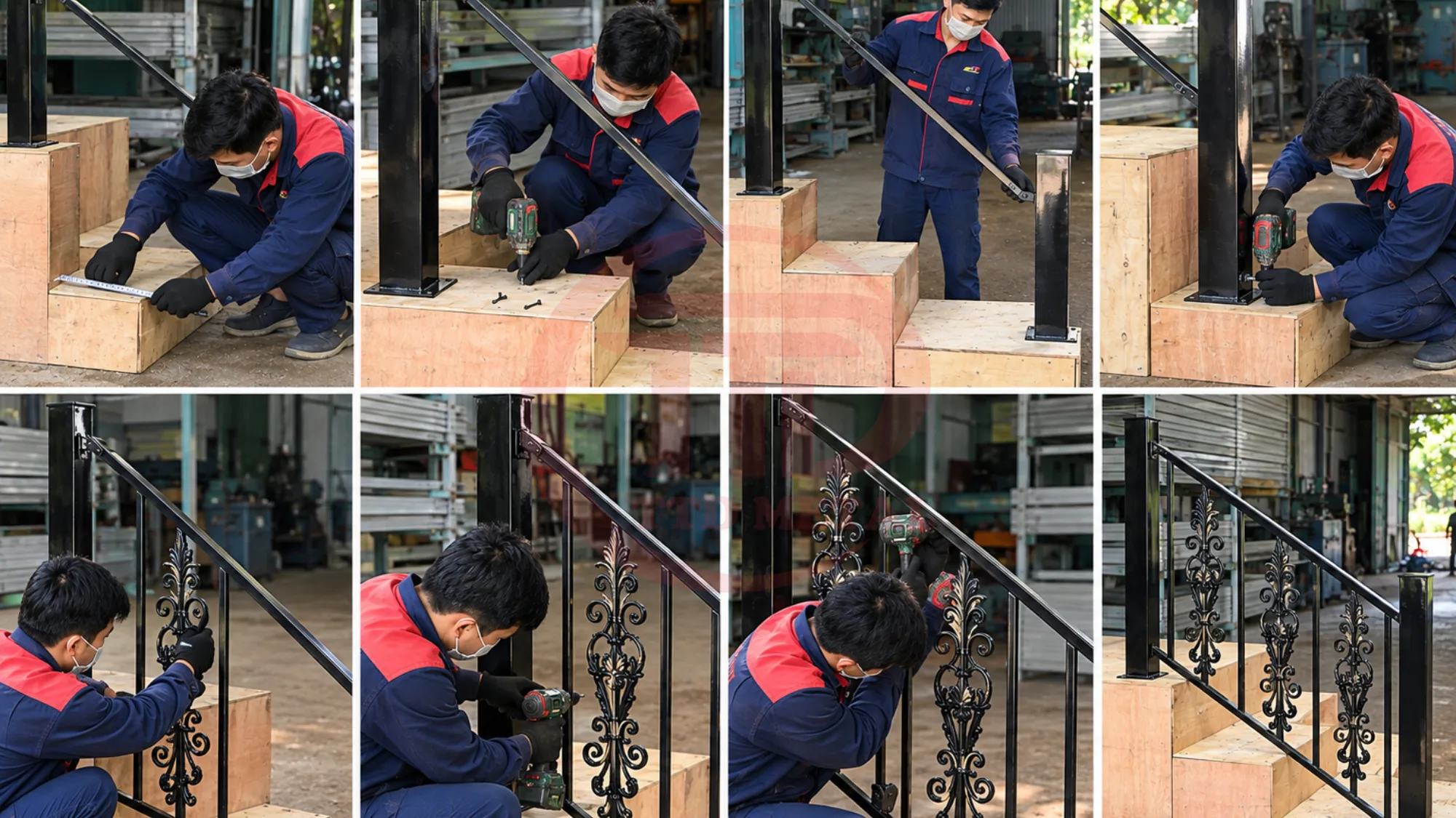 Sequence showing workers assembling decorative stair railing components