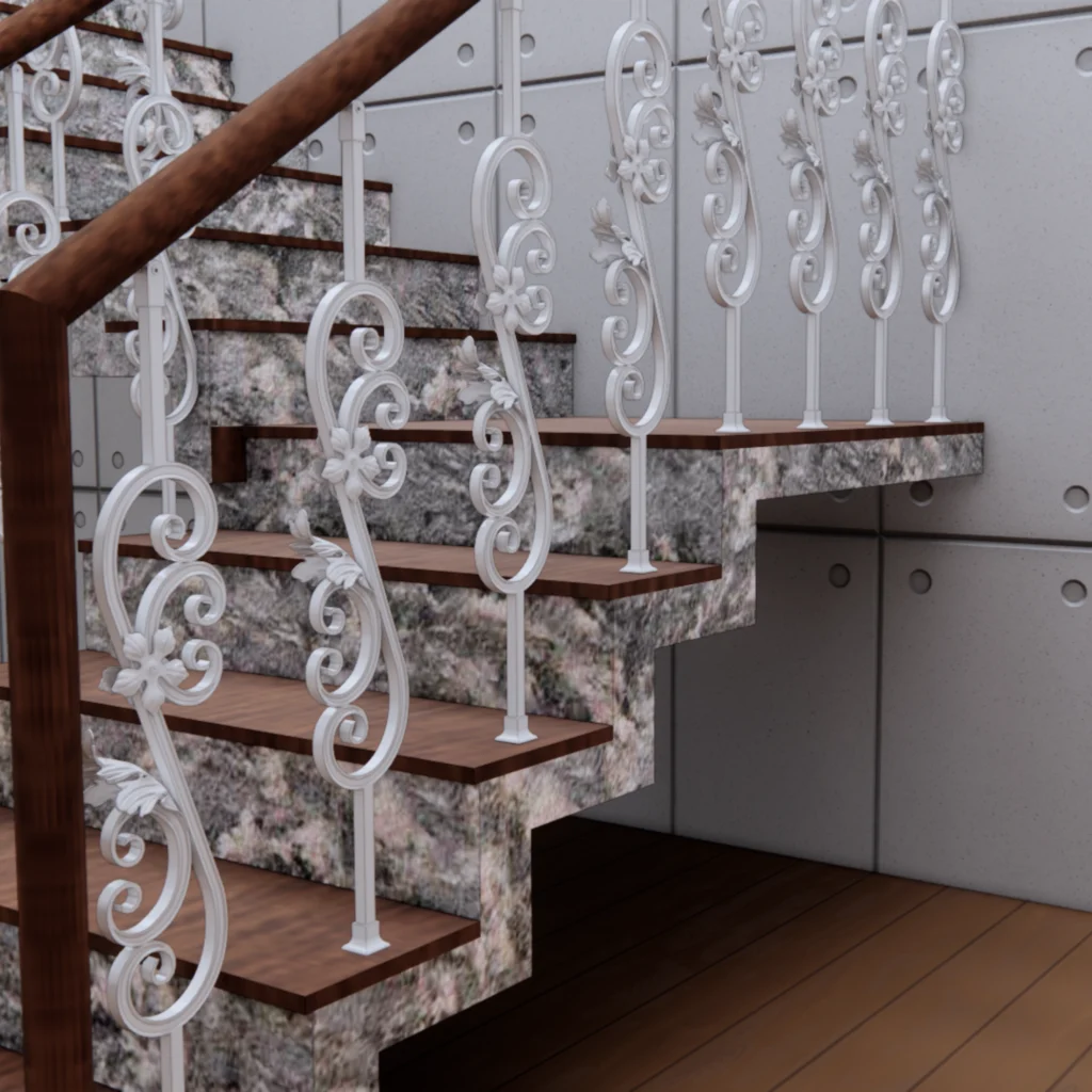 White decorative railing along an interior staircase